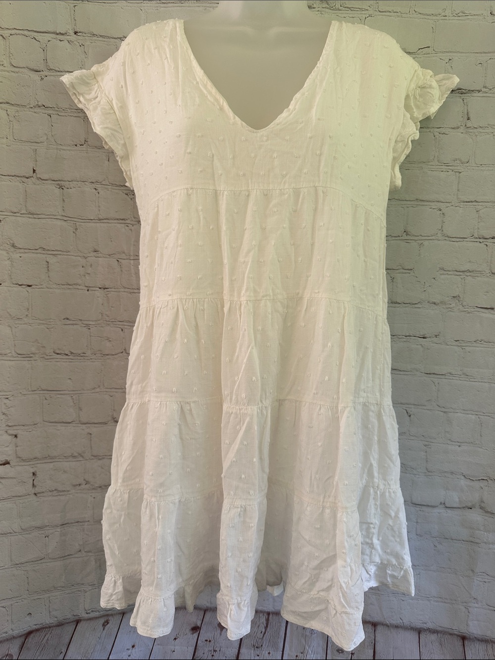 Urban Outfitters White Swiss Dot Ruffled V-Neck Tunic Dress